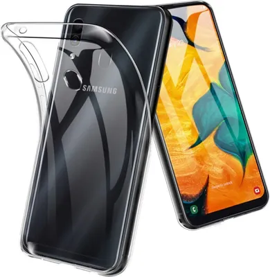 A clear silicone phone case is shown next to a Samsung smartphone.