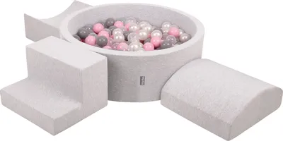 Obrázok produktu pre KiddyMoon Mäkké penové ihrisko pre deti s guľatým loptičkovým ihriskom (200 ∅ 7 cm) s mäkkými prekážkami a loptičkovým bazénom,  vyrobené v EÚ, Svetlo sivá:Perla/Grey/Transparentné/Púdrov