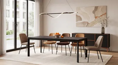 Produktbild von Rechteckiger Esstisch Ausziehbar – Minimalistischer Esszimmertisch mit Schwarzen Metallbeinen – 160 x 90 cm – Verlängerbar bis 250 cm – Beton Dunkelgrau