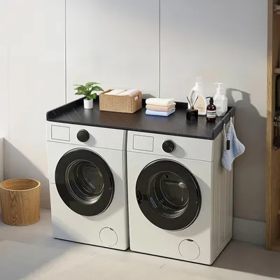 Productafbeelding van VEVOR werkblad voor wasmachine en droger (137 x 69,9 cm) met verhoogde rand en haken, voor organisatie en opslag in de wasruimte, provisiekelder of keuken, belastbaar tot 113 kg, zwart