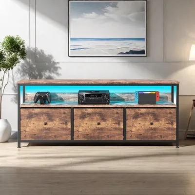 Obrázek produktu pro Vintage televizní nábytek – šířka 144 cm – s LED osvětlením a zásuvkami potaženými látkou – průmyslový design s železným rámem