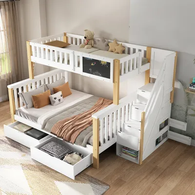 Produktbild von Flieks Kinderbett 90x200cm/140x200cm, Etagenbett mit Rausfallschutz, Hochbett mit Treppe und Schubladen, Massivholzbett mit Lattenrost und Tafel