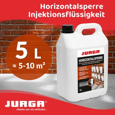 Produktbild von Jurga Horizontalsperre Mauerwerk 5 L Injektionsverfahren, Trockene Wand Injektionsflüssigkeit, Verkieselung, Mauerwerkstrockenlegung Keller