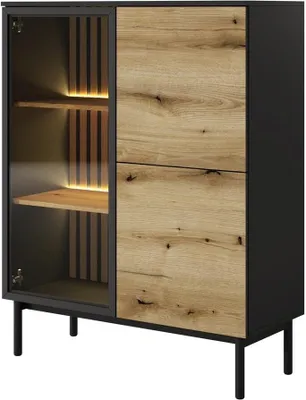 Produktbild von BETTSO Vitrine mit LED Glas Holz Schwarz Eiche Evoke 3-türig 100 cm Wohnzimmer modern Push-to-Open niedriger Schrank LANGO