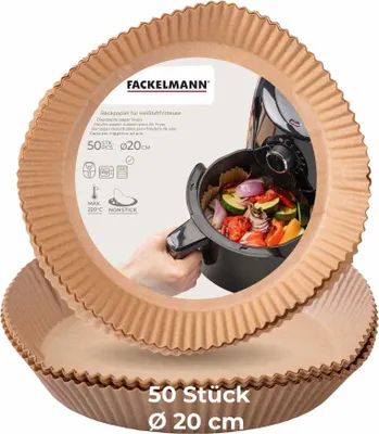 Produktbild von Fackelmann Backpapier für Heißluftfritteuse, 20 cm rund, 50-teilig, wasser- und ölfest, hitzebeständig bis +220 °C