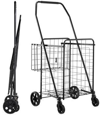 Immagine prodotto di SucceBuy Carrello della spesa pieghevole con due cestini, rivestimento idrorepellente e ruote, capacità di carico 45,3 kg, capacità 64 + 10 L per la spesa, il bucato, il campeggio e gli alimenti
