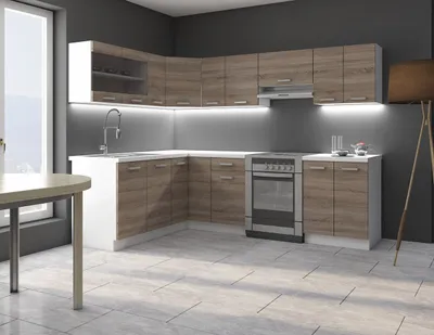 Obrázek produktu pro Rohová kuchyně 418/418 cm LIAN 2 - dub lanýž / bílá + LED, dřez a příborník