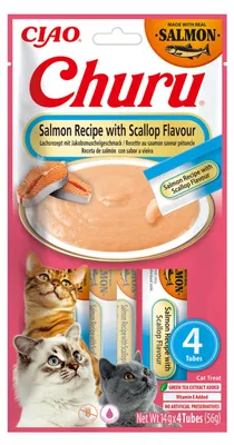 Imagen del producto de Inaba Cat Churu, snack para gatos, sabor salmón y vieira, 4 unidades de 14 g cada una