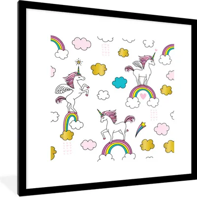 Produktbild von MuchoWow® Gerahmtes Poster Eine Illustration von Einhörnern auf Regenbögen - Mädchen - Kinder - Kinder 40x40 cm - Poster mit Schwarzem Bilderrahmen Wandposter Rahmen Foto Bilder - Poster - Plakat im Rahmen