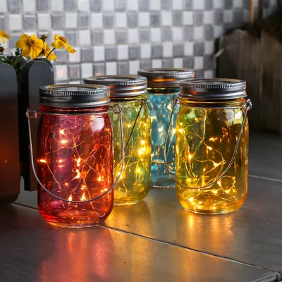 Produktbild von LED Solar Gläser - Windlichter - LED Drahtlichterkette - Lichtsensor - Aufhänger - H: 14cm - 4er Set