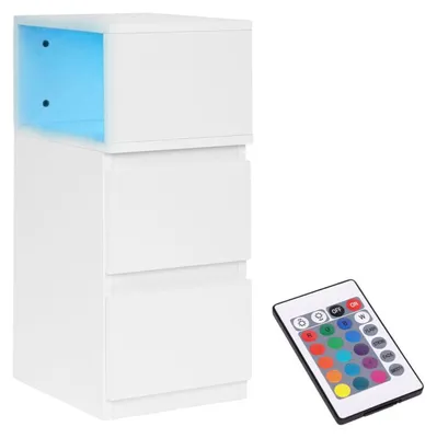 Obrázok produktu pre Nočný stolík s LED osvetlením, stolík do spálne, 2 zásuvky, biely, ModernHome
