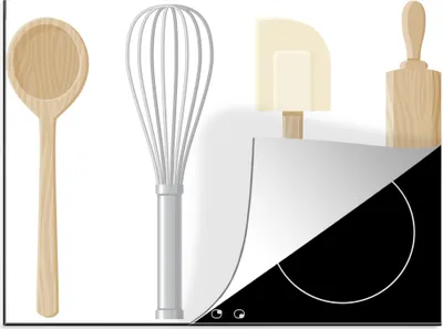 Produktbild von KitchenYeah© Herdabdeckplatte Eine Schöpfkelle und andere Küchengeräte in einer Illustration , 60x52cm, Küche Deko, Glaskeramikkochfeld Herdabdeckung, Abdeckplatte fùr Kochfeld