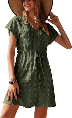 Produktbild von Sommerkleid für Damen in Olivgrün mit Punktmuster, kurze Ärmel, V-Ausschnitt und Kordelzug
