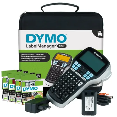 Image de Dymo LabelManager 420P fabricant d'étiquettes électroniques - 10 mm/s mono - ruban, autocollants - 6 mm, 9 mm, 12 mm, 19 mm - transfert thermique - 180 x 180 ppp impression de codes à barres, clavier ABC, mise hors tension automatique, impression perpendiculaire, impression inversée, découpe manuelle, aperçu avant impression