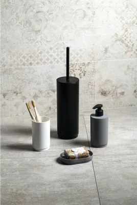 Bathroom counter with toiletries.