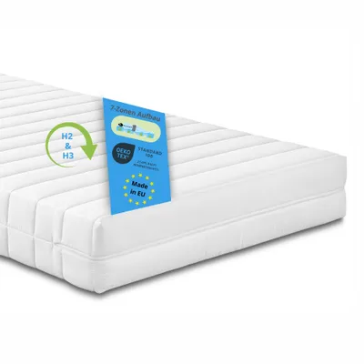 A white mattress with a blue tag showing product information.
