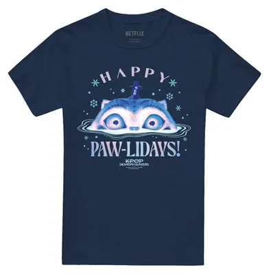 Productafbeelding van K-Pop Demon Hunters - "Happy Pawlidays" T-shirt voor heren/dames, uni, kerstdesign, TV43547 (maat L) (marineblauw)
