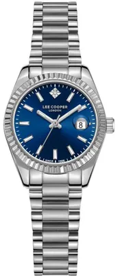 Produktbild von Lee Cooper Damen Analog Uhr mit Datum, Strasssteinen, Silber Tiefblau, LC08126.390