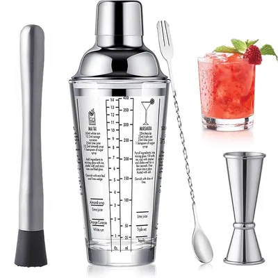 Produktbild von Barkeeper Zubehör Edelstahl,Glas Cocktailshaker mit Skala, Sieb und Werkzeug Set,4 teiliges Cocktail Shaker für Zuhause und Bar