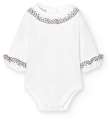 Productafbeelding van BABIDU langarmige babyromper van 100% katoen, met een kraag versierd met kant. Babyromper