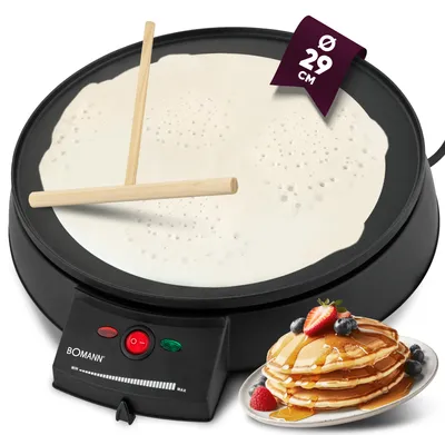 Produktbild von Bomann Crepes Maker für Crepes mit Ø 29cm, inkl. Teigverteiler und antihaftbeschichter Oberfläche, Stufenlos regelbarer Thermostat u. Backampel - Pfannkuchen Maker mit 900W - CM 2221 CB