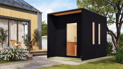 Produktbild von Karibu Saunahaus Außensauna Gartensauna Laguna schwarz lackiert Ofen 9 kW  externe Strg easy 73mm gedämmte Elemente  220x288x244 cm