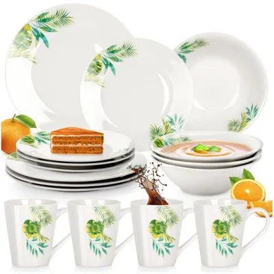 Obrázok produktu pre Vilde | Súprava riadu - bielozelená - 16 kusov - porcelán - pre 4 osoby - hlboké, dezertné a ploché taniere - misky - hrnčeky