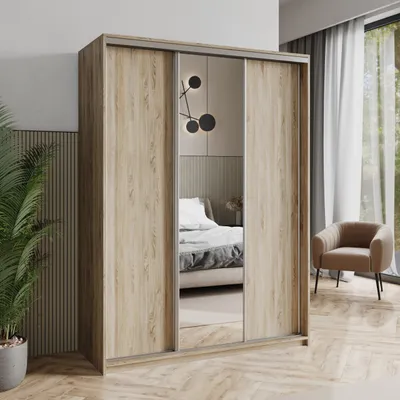 Produktbild von Masseno Schiebetürenschrank TAVI 150/205/60 cm Kleiderschrank mit Schubladen Schlafzimmer Schrank 3-türig mit Spiegel Sonoma Eiche + Satin