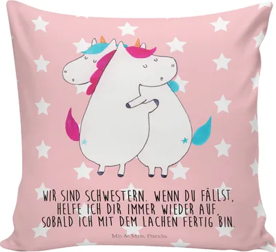 Produktbild von Mr. & Mrs. Panda kissen für couch Einhörner Umarmen - Rot Pastell - Geschenk, Dekokissen, Unicorn, BFF, Sister, bedruckt, 40x40, Einhorn, Schwester, kuschelkissen, Liebe