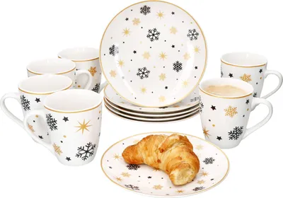 Produktbild von 12tlg Frühstücksset Stars schwarz gold Steingut 6 Personen Teller Kaffeebecher