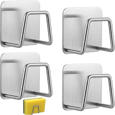 Produktbild von PolkaHome® Set von 4 selbstklebenden Schwammhaltern aus Edelstahl 304 – ohne Bohren, Wandorganizer für Küche und Bad, Silber