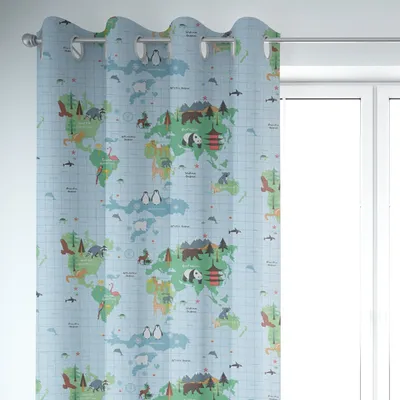Produktbild von SCHÖNER LEBEN. Kinderzimmer-Vorhang Fryett`s Halbpanama Kinder Weltkarte Tiere hellblau 245cm oder Wunschlänge Aufhängung Ösen