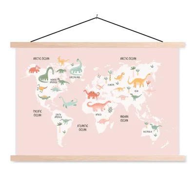 Obrázek produktu pro MuchoWow® Textilní plakát - Mapa světa - Děti - Dinosaurus - 60x40cm - S hnědými lamelami