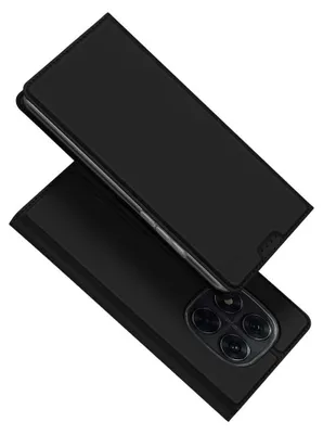 A black flip phone case is shown from a diagonal angle against a white background.