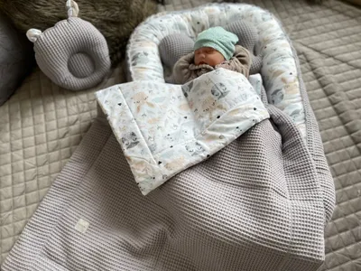 Produktbild von Waffelpique GRAU/ HASE Beige Babynestchen Unterlage 3 Tlg SET Babynest Wicleklunterlage Reisebett Babydecke Babyausstattung 2 Seitig PREMIUM Geschenk