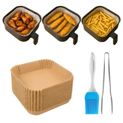 Produktbild von Airfryer Papierformen Set 3-in-1 – 50 Stück Einweg Backpapier – Zubehör: Silikonpinsel & Küchenzange