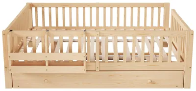 Produktbild von Flieks Kinderbett 140x200cm mit Ausziehbett 90x190cm, Kinder Hochbett mit Rausfallschutz und Leiter, Holzbett Tagesbett mit Ablagen, Naturbelassen