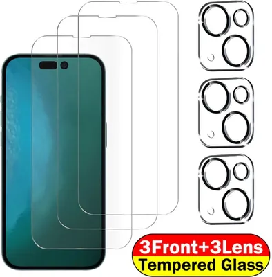 Produktbild von Display Panzerfolie iPhone 11 12 13 14 Mini Pro Max + 9H Kamera Schutz Glas, Für Handy:Apple iPhone 15 Plus, Menge:3 x Glas + 3 x Kamera