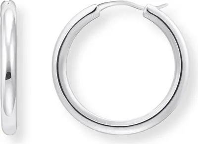 A pair of silver hoop earrings on a white background.