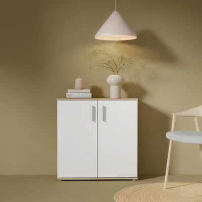 Produktbild von Forte IKOLI Kommode 80, moderne Kommode, 2-türig, Wohn-/Schlafzimmer, Flur, Holzwerkstoff, Weiß, 79,9 cm breit x 81,7 cm hoch x 31,4 cm tief