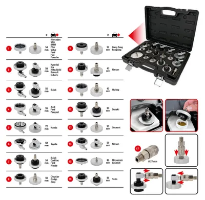 Imagen del producto de Kit de adaptadores universales para purgar frenos, de 17 piezas