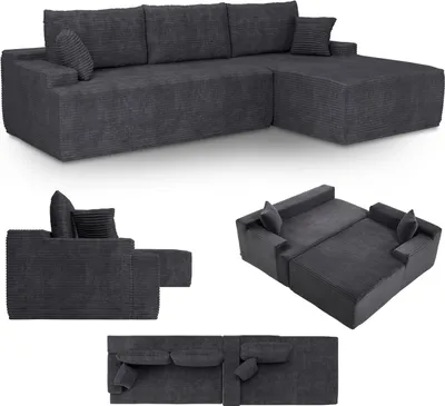 Produktbild von Juskys Sofa Coredo - Dunkelgrau, moderne Couch aus Cord mit Kissen, Ottomane rechts