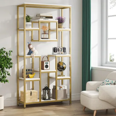 Produktbild von Modernes Bücherregal - Freistehendes Standregal - 180 cm hoch - 11 offene Fächer - Metallrahmen - Holzwerkstoffböden - 30x100x180 cm - Weiß Gold