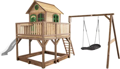 Produktbild von AXI Spielhaus Liam mit Sandkasten, Nestschaukel & weißer Rutsche | Stelzenhaus XXL in Braun & Grün aus  Holz für Kinder | Spielturm mit Wellenrutsche für den Garten