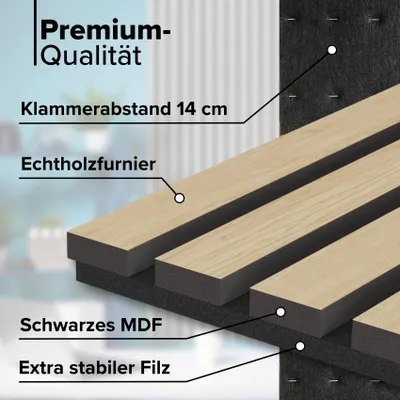 Produktbild von HEXIM Akustikpaneele 280x30cm Wandpaneele Grande Lamellen MDF Holz 0,85m² XXL Echtholzfurnier Wand 21mm Filz