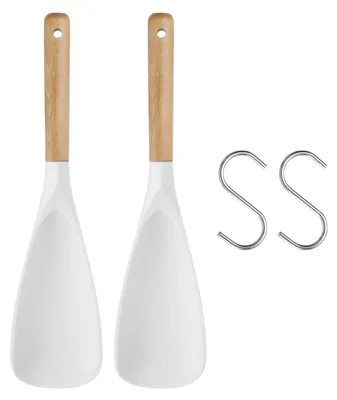 Immagine prodotto di 2 cucchiai da cucina in silicone, adatti per padelle antiaderenti, con manico in legno