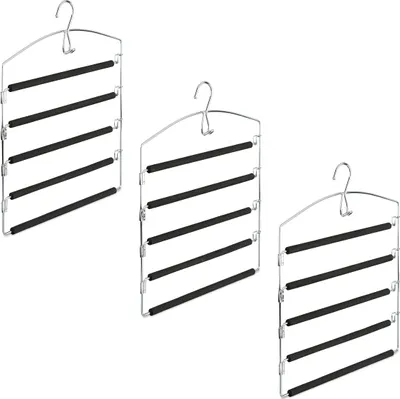 Produktbild von Relaxdays Hosenbügel platzsparend, 3er Set Hosenkleiderbügel mehrfach, Metall, HxBxT: 44,5x37x2,7 cm, silber/schwarz