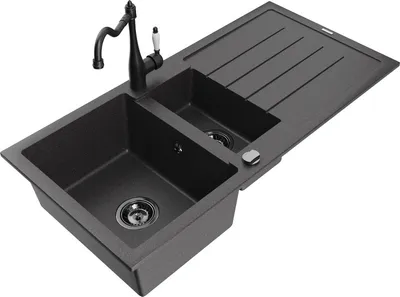Produktbild von Mexen Andres 1,5-Becken-Granitspüle mit Abtropffläche und Mischbatterie Carla, Schwarz gesprenkelt - 6515-76-670700-70-B
