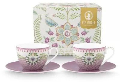 Produktbild von Pip Studio Cappuccinotasse mit Untertasse Set Lily & Lotus Tiles Lila (280ml) (4-teilig)
