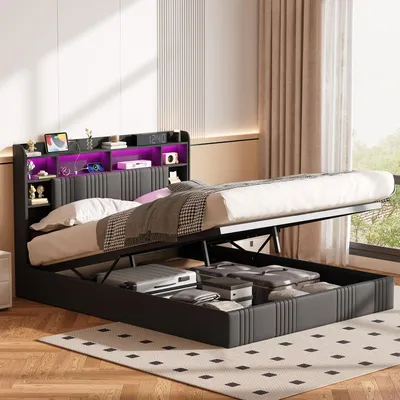 Obrázek produktu pro Postel s čalouněnou konstrukcí, rozměry 160x200 cm, s hydraulickým úložným prostorem, LED osvětlením, čelem s policemi, USB a Type-C porty, 2 zásuvkami, roštem, barva šedá, bez matrace